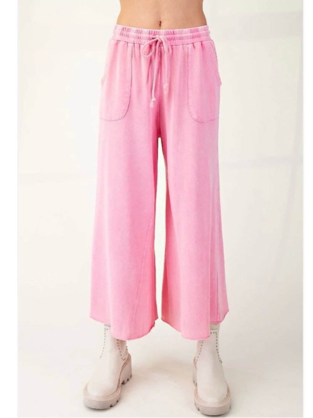 New: Easel Feeling Good Pink Drawstring Waist Terry Knit Wide Leg Pants• Medium